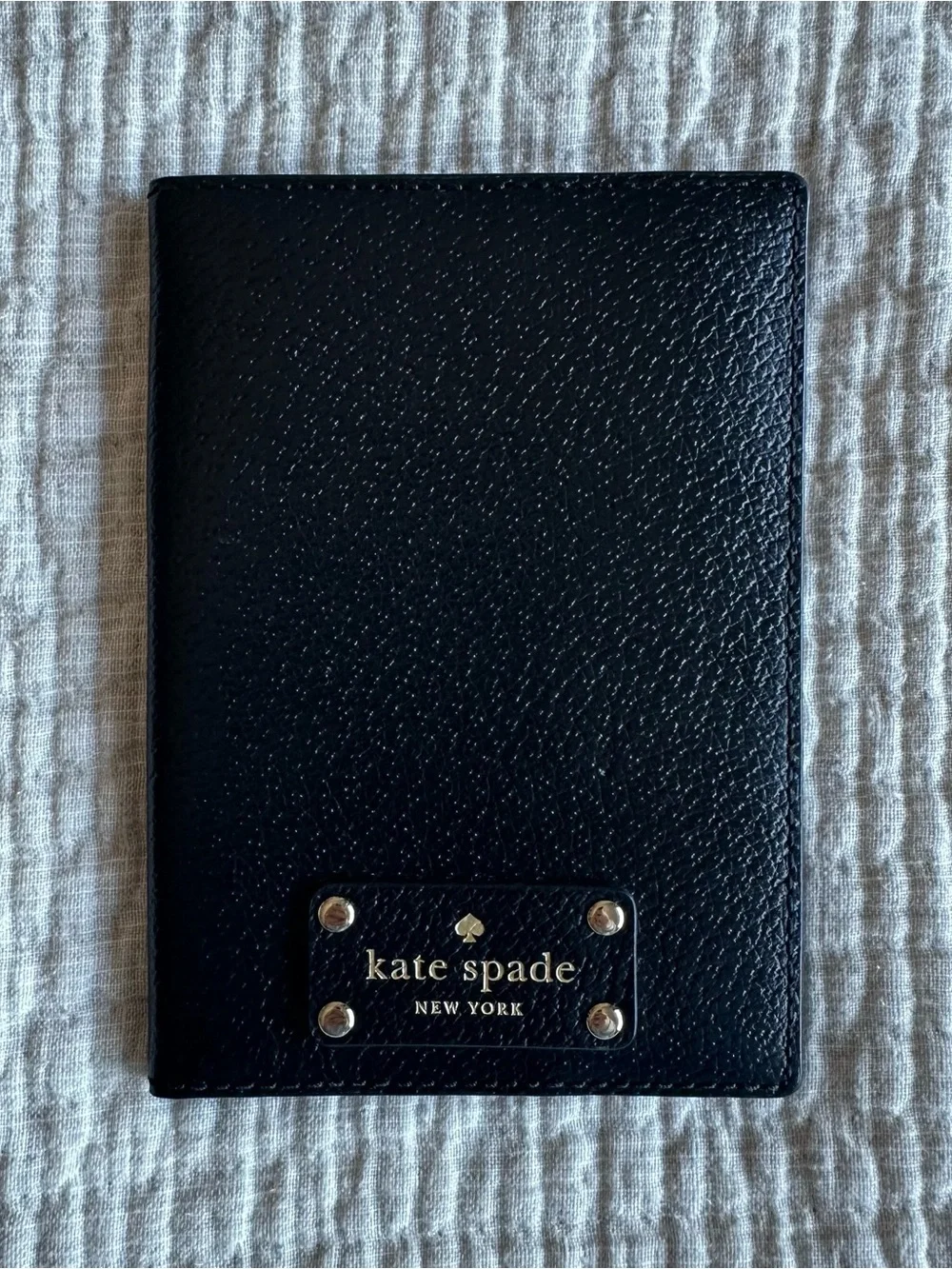 Kate Spade New York Passport Holder Black Leather Gold Tone Metal Logo